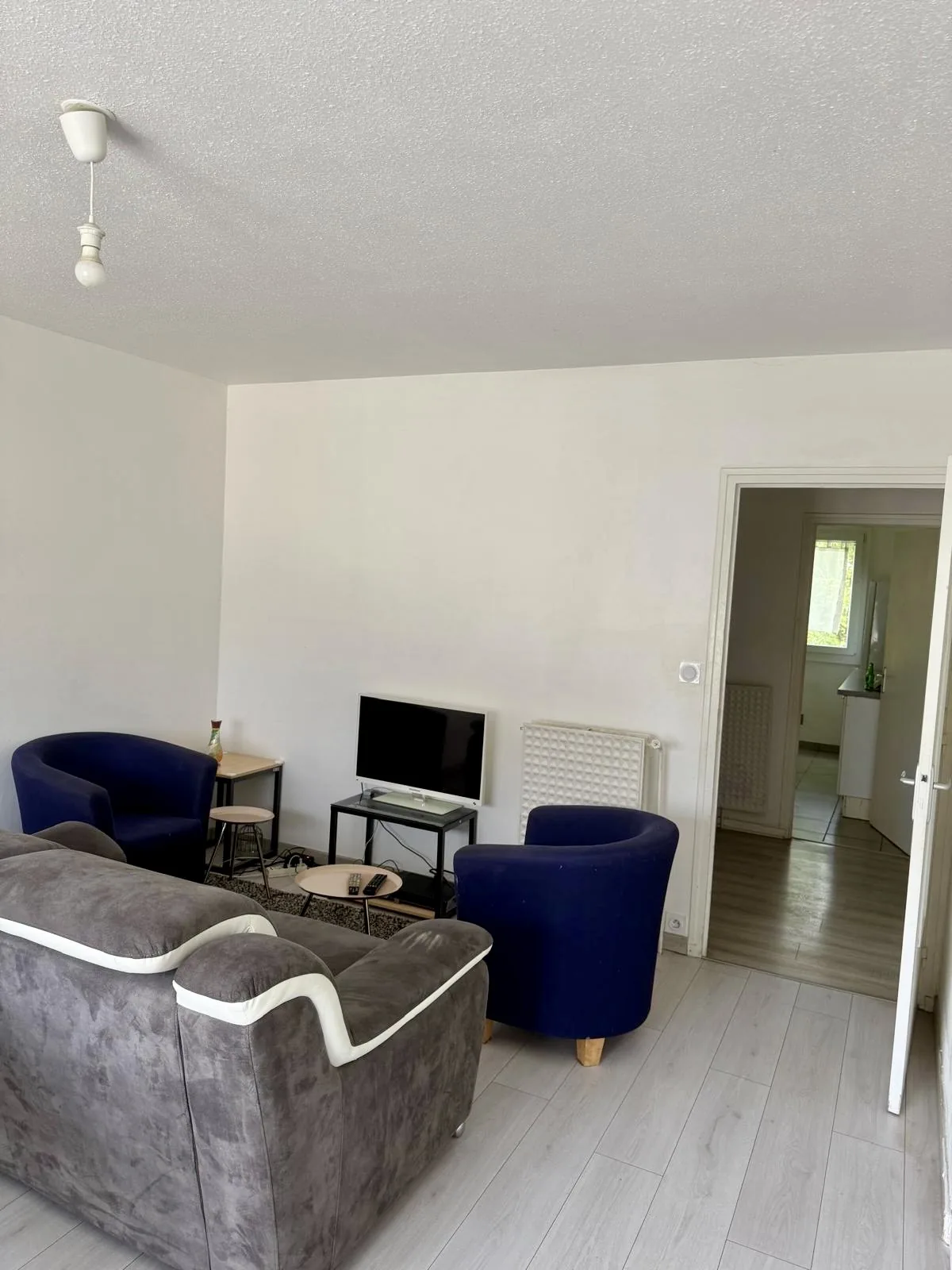 Salon avec canapé, fauteuils et télévision